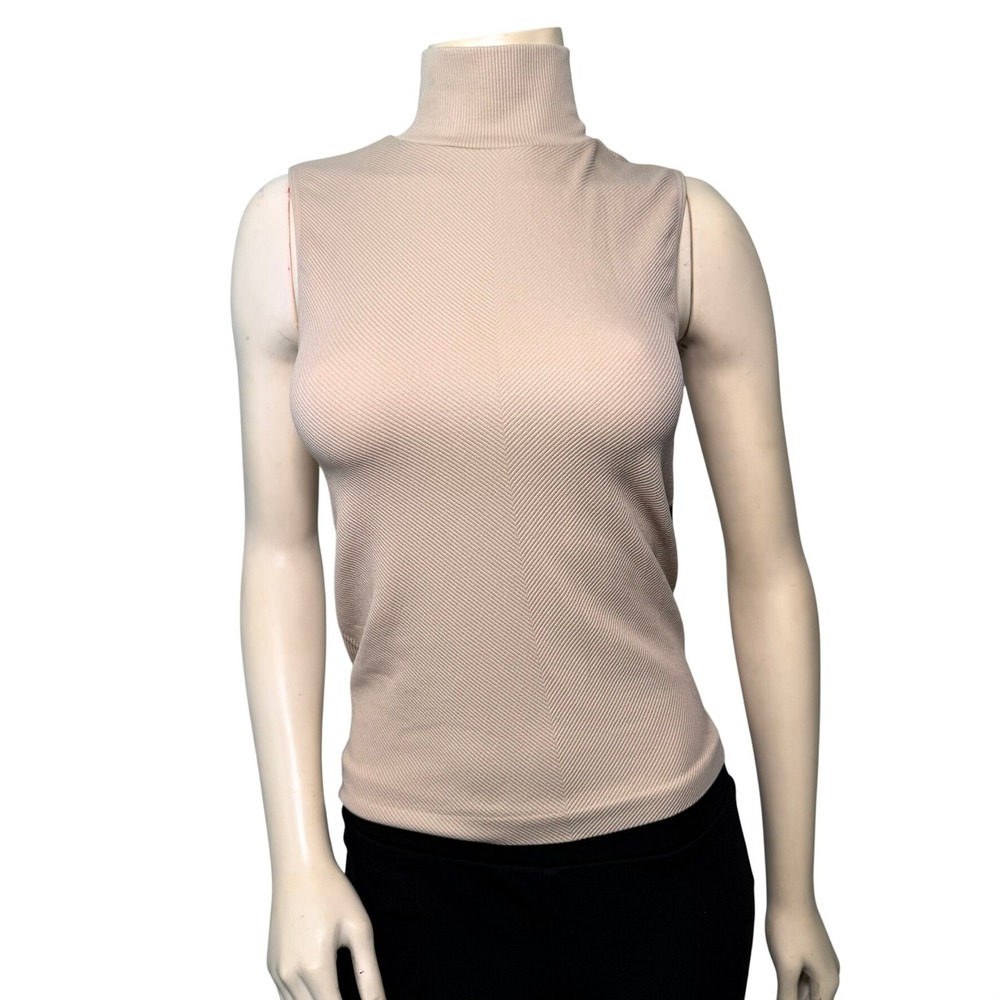 New York Laundry Sleeveless Turtleneck Women S/M Beige NEW Ribbed Chevron Top‎